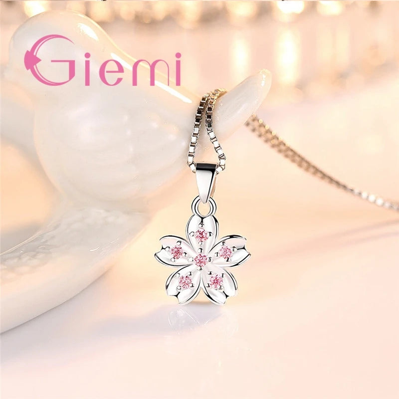 Genuine 925 Sterling Silver Elegant Pink Cherry Blossom Stud Earrings