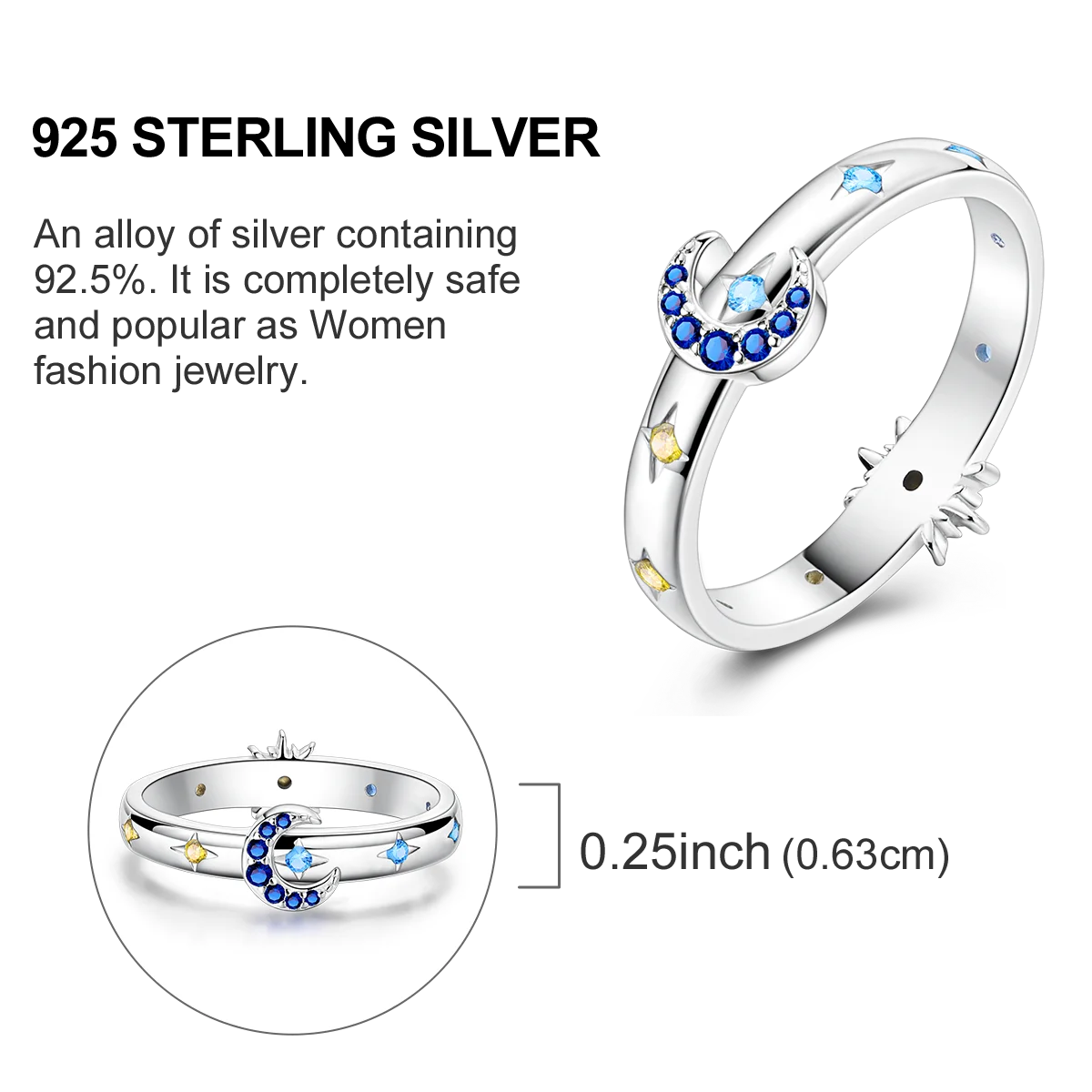Star Moon 925 Sterling Silver Ring