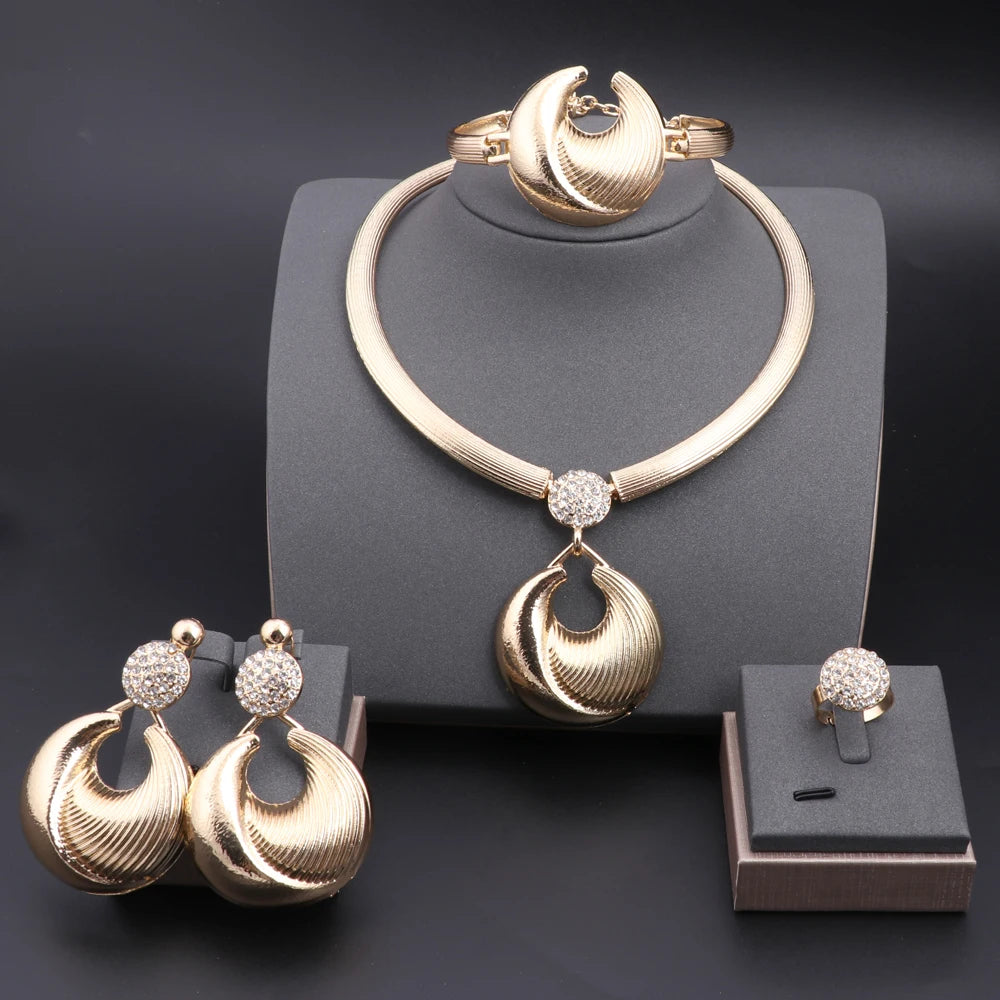 Dubai Jewelry Set For Women Silver Plated Luxury Necklace Earrings Bracelet And Ring Set Jewelry For Wedding Party Trending 