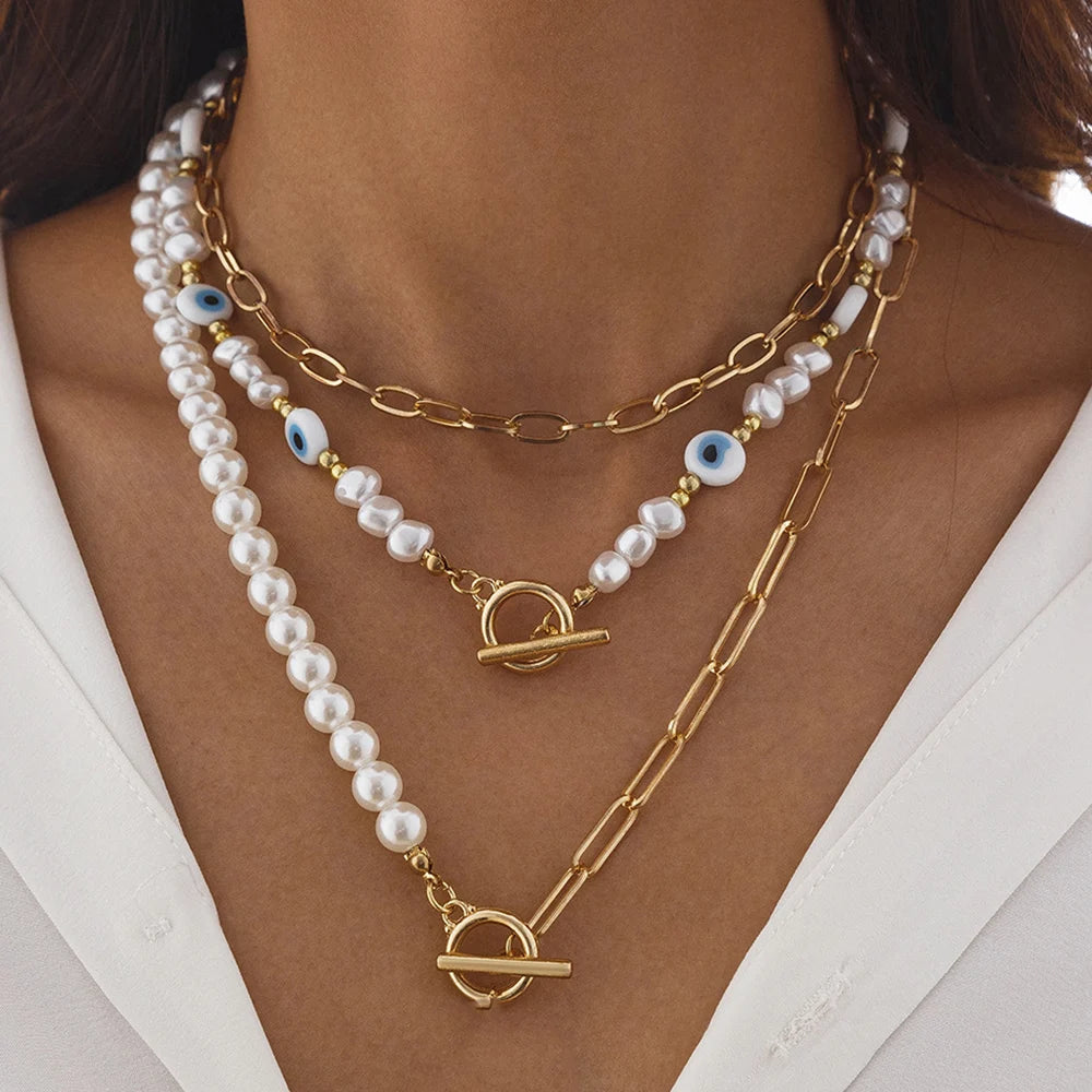 Layered Pearl Thick Chains Pendant Necklace