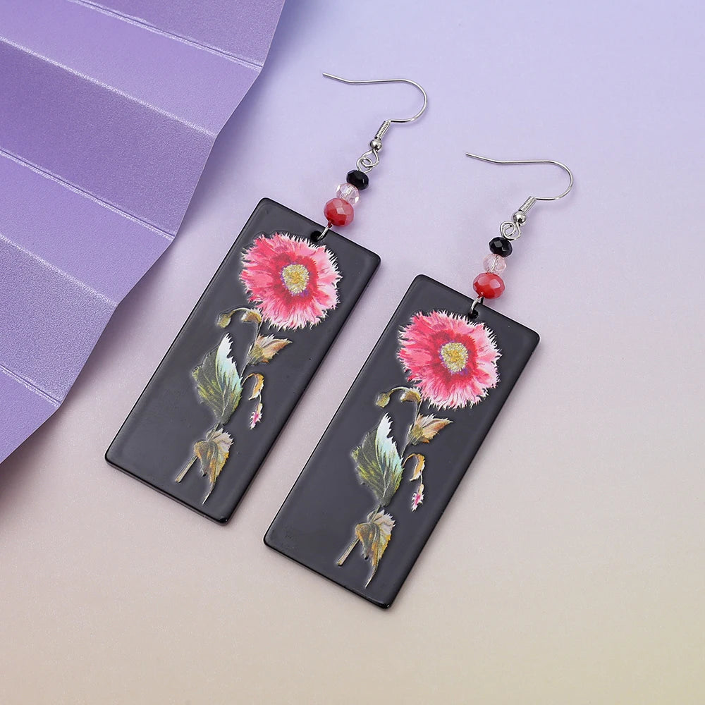 New Fashion Black Acrylic Flower Dangle Earrings