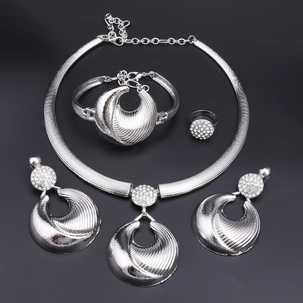 Dubai Jewelry Set For Women Silver Plated Luxury Necklace Earrings Bracelet And Ring Set Jewelry For Wedding Party Trending 