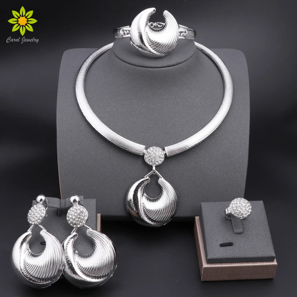 Dubai Jewelry Set For Women Silver Plated Luxury Necklace Earrings Bracelet And Ring Set Jewelry For Wedding Party Trending 