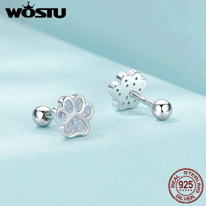 925 Sterling Silver Animal Paw Footprints Stud Earrings