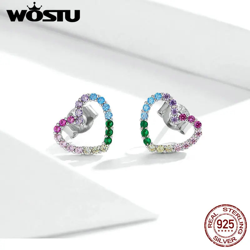 Heart-Shaped 925 Sterling Silver Rainbow Zircon Earrings