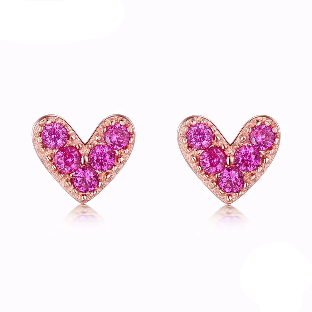 Genuine 925 Sterling Silver Heart Pink Stud Earrings