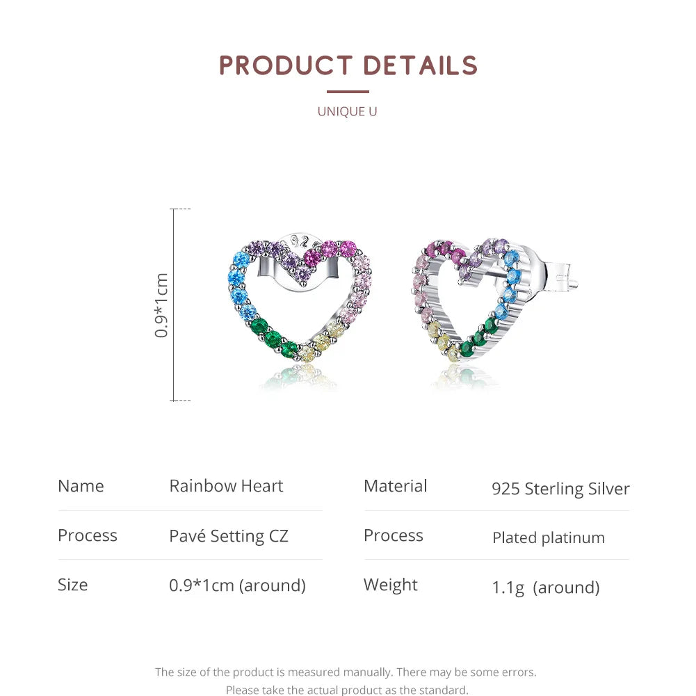Heart-Shaped 925 Sterling Silver Rainbow Zircon Earrings