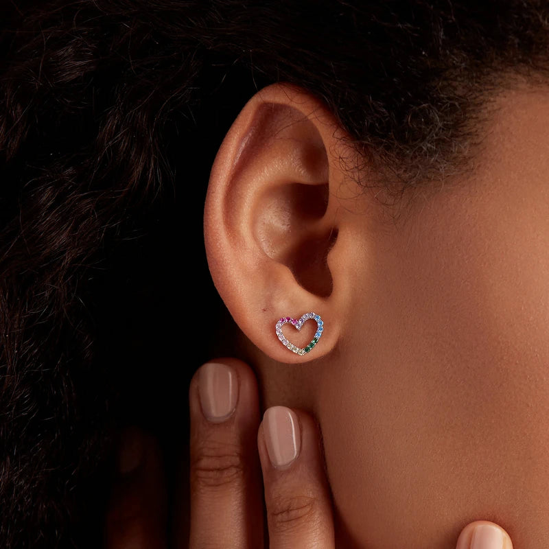 Heart-Shaped 925 Sterling Silver Rainbow Zircon Earrings