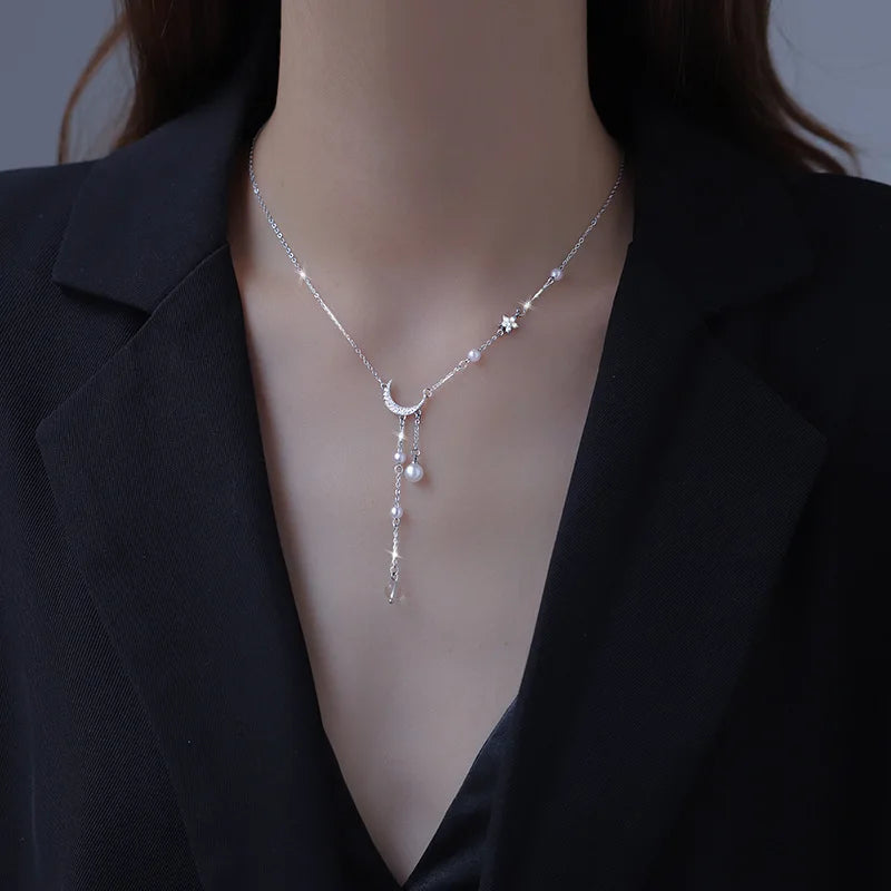 Sparkling Moon & Star Pearl Necklace