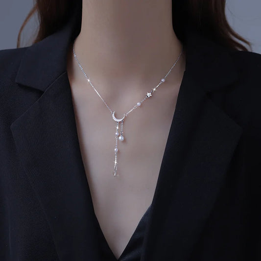 Sparkling Moon & Star Pearl Necklace