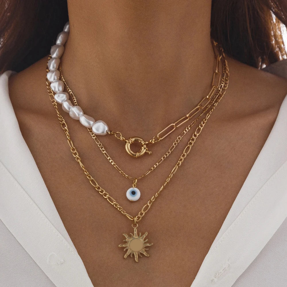 Layered Pearl Thick Chains Pendant Necklace