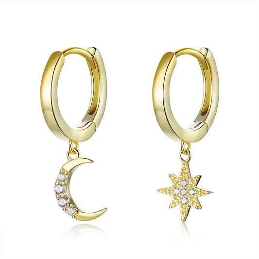Genuine 925 Sterling Silver Moon and Star Dangle Earrings