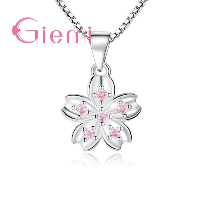 Genuine 925 Sterling Silver Elegant Pink Cherry Blossom Stud Earrings