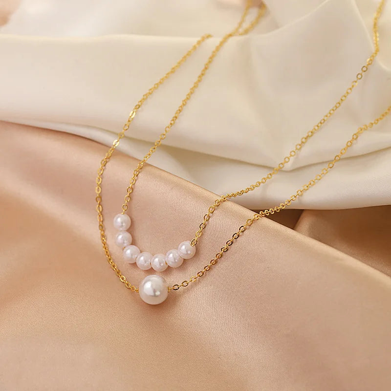 Layered Pearl Thick Chains Pendant Necklace