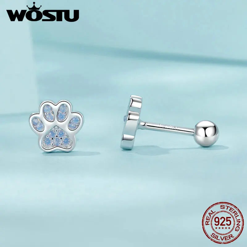 925 Sterling Silver Animal Paw Footprints Stud Earrings