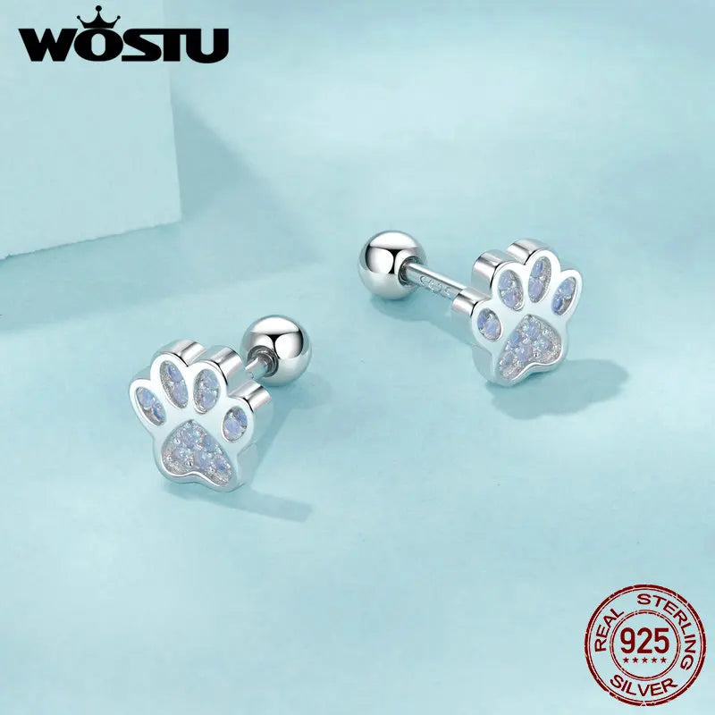 925 Sterling Silver Animal Paw Footprints Stud Earrings