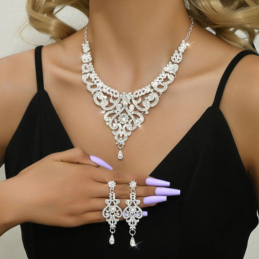 Women's bridal jewelry set, high-end design inlaid with rhinestones, crystal pendant necklaces, earrings