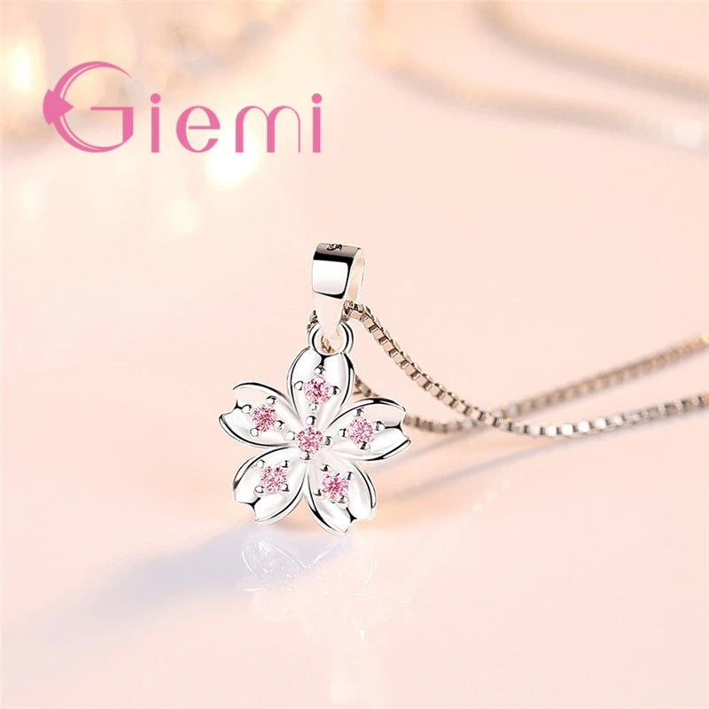 Genuine 925 Sterling Silver Elegant Pink Cherry Blossom Stud Earrings
