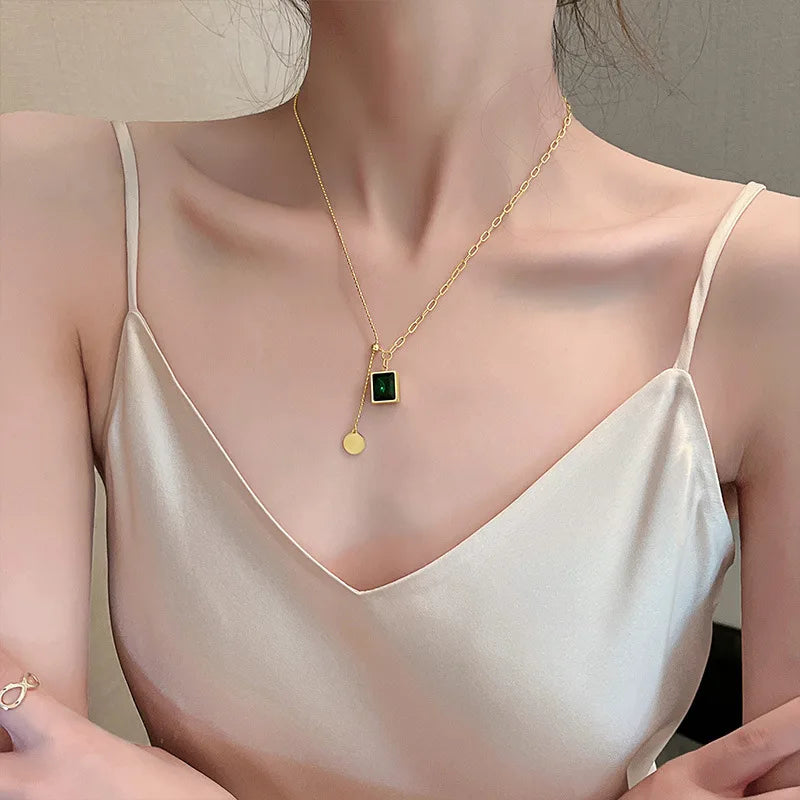 Green Zirconia Square Pendant Necklace