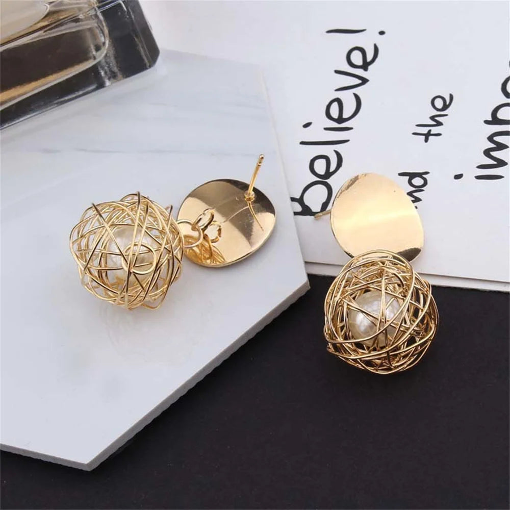 Geometric Earrings Woven Ball Pearl Earrings