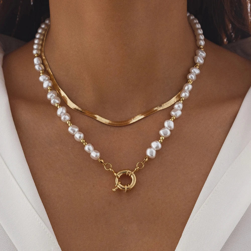 Layered Pearl Thick Chains Pendant Necklace