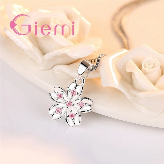 Genuine 925 Sterling Silver Elegant Pink Cherry Blossom Stud Earrings