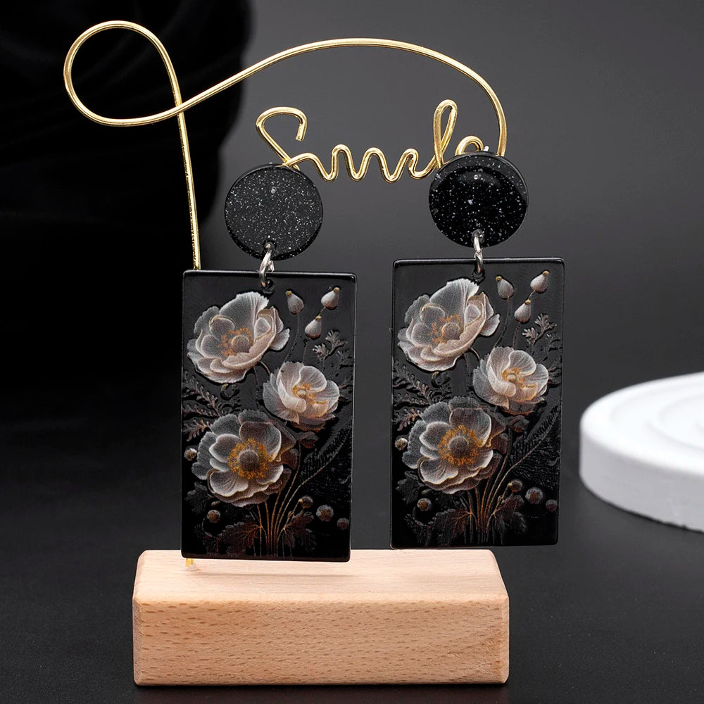 New Fashion Black Acrylic Flower Dangle Earrings