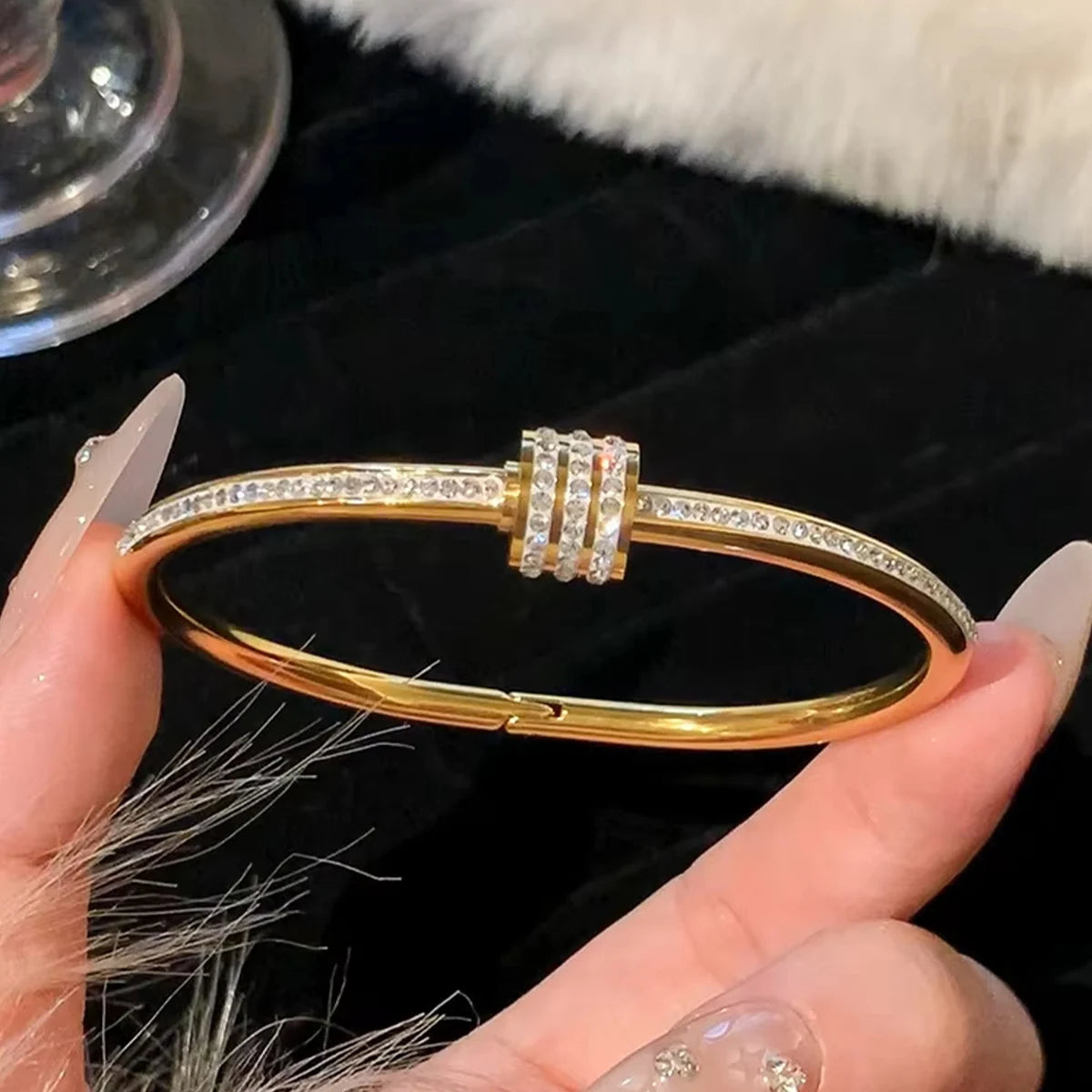 Gold Titanium Bracelet with Zircon