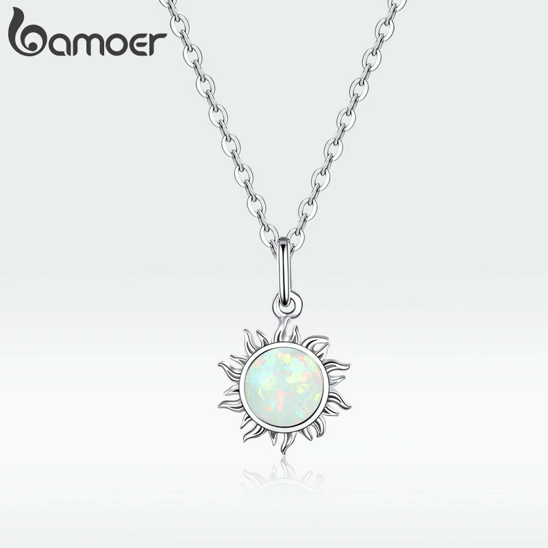 925 Sterling Silver White Opal Sun Pendant Necklace