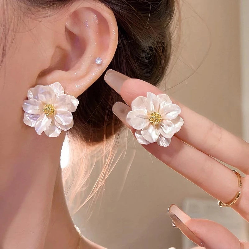 White Flower Stud Earrings