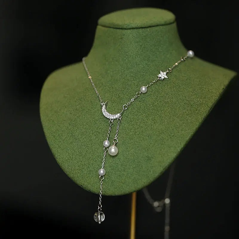 Sparkling Moon & Star Pearl Necklace