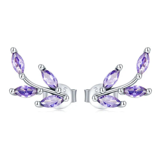 Genuine 925 Sterling Silver Purple Branch Stud Earrings