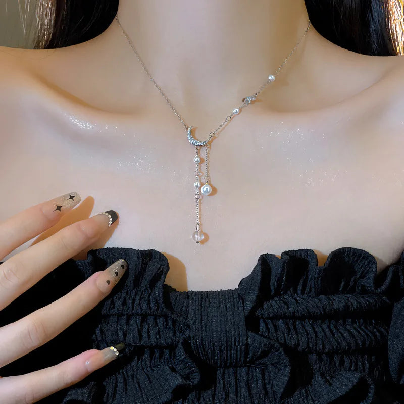 Sparkling Moon & Star Pearl Necklace