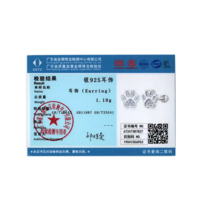 925 Sterling Silver Animal Paw Footprints Stud Earrings