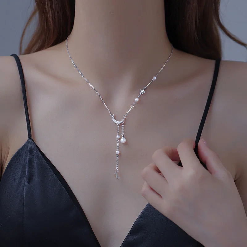 Sparkling Moon & Star Pearl Necklace