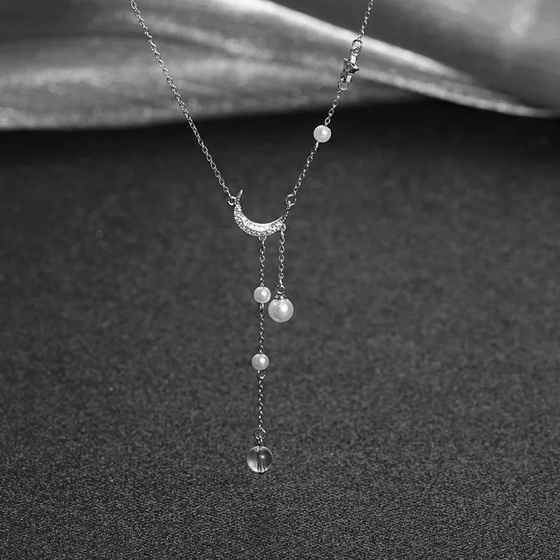 Sparkling Moon & Star Pearl Necklace
