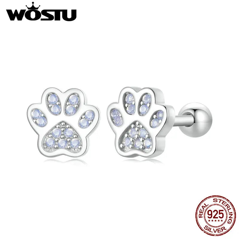 925 Sterling Silver Animal Paw Footprints Stud Earrings