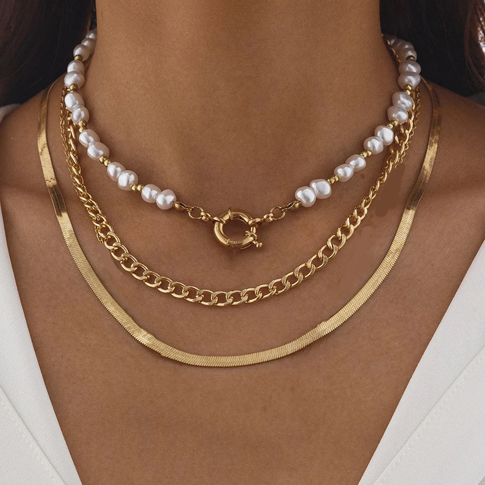 Layered Pearl Thick Chains Pendant Necklace