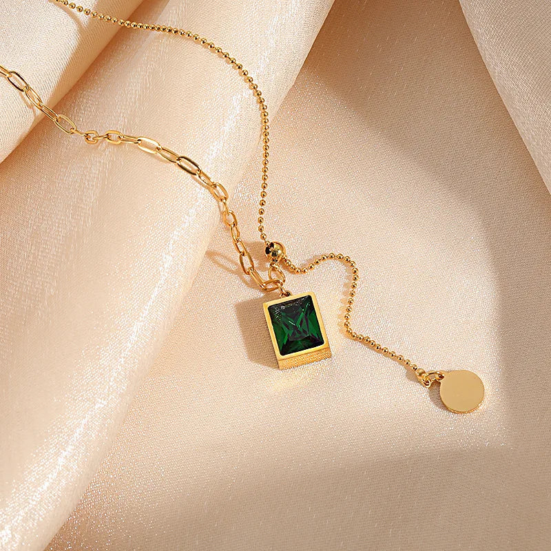Green Zirconia Square Pendant Necklace