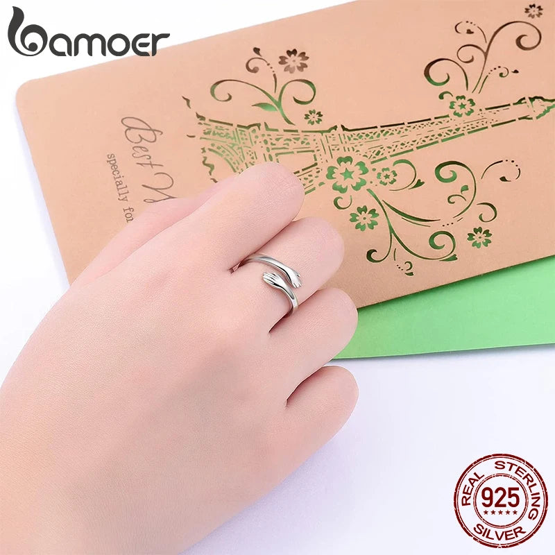 925 Sterling Silver Hug Warmth and Love Hand Adjustable Ring