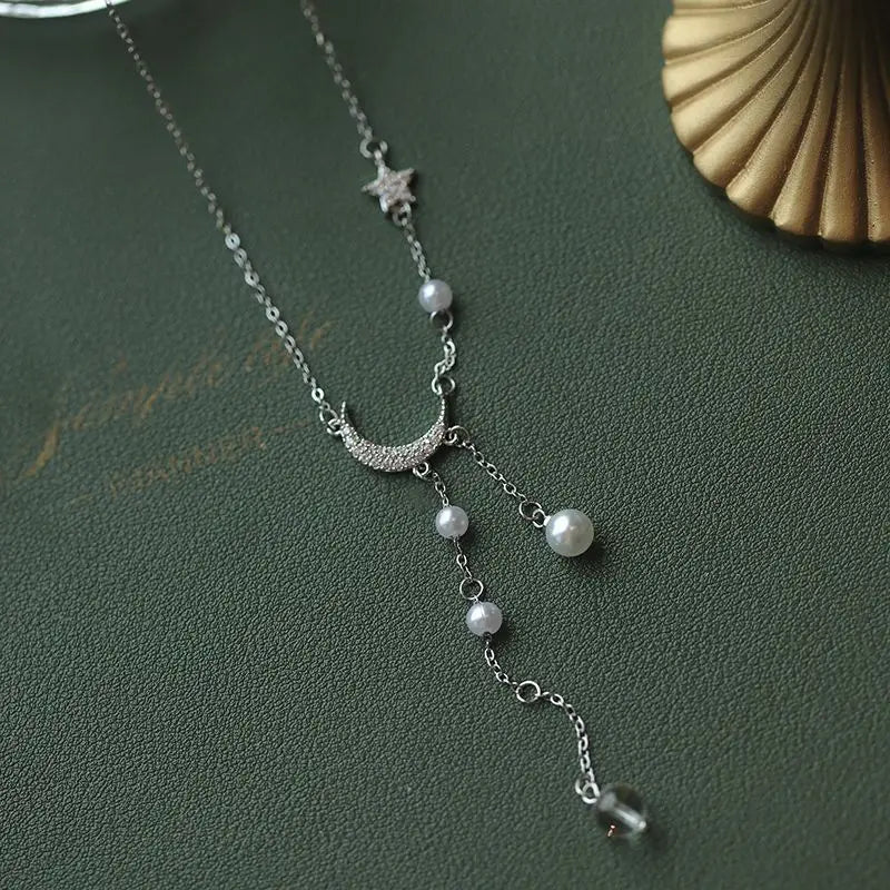 Sparkling Moon & Star Pearl Necklace