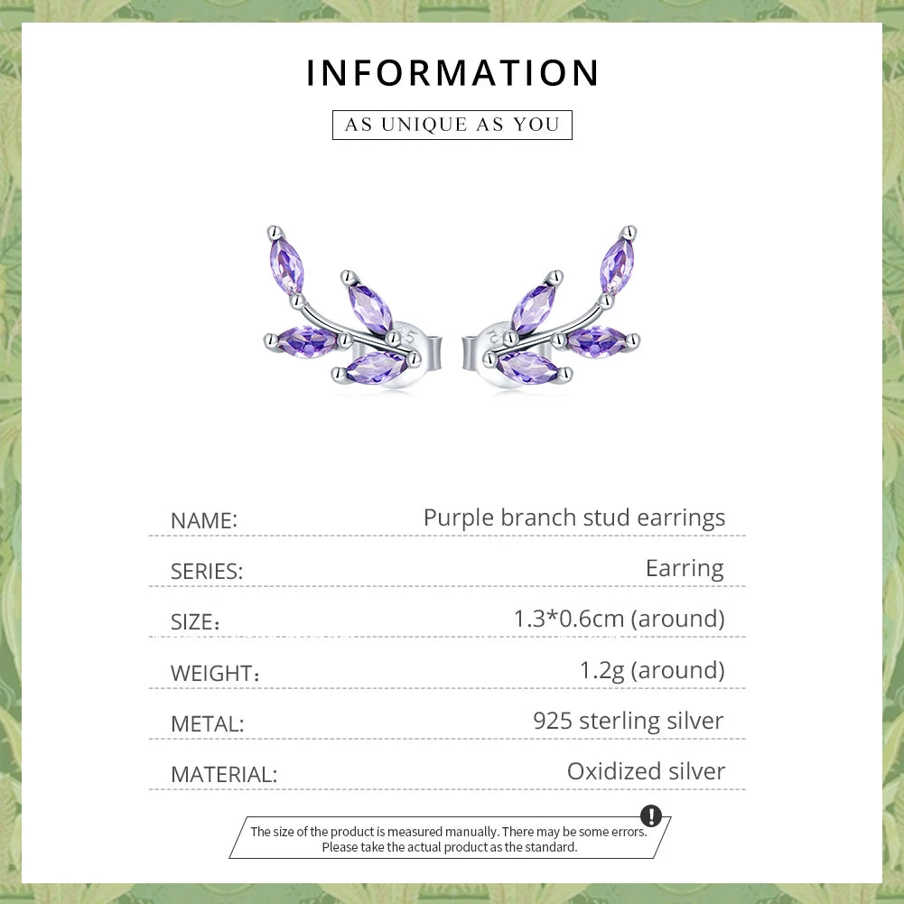 Genuine 925 Sterling Silver Purple Branch Stud Earrings