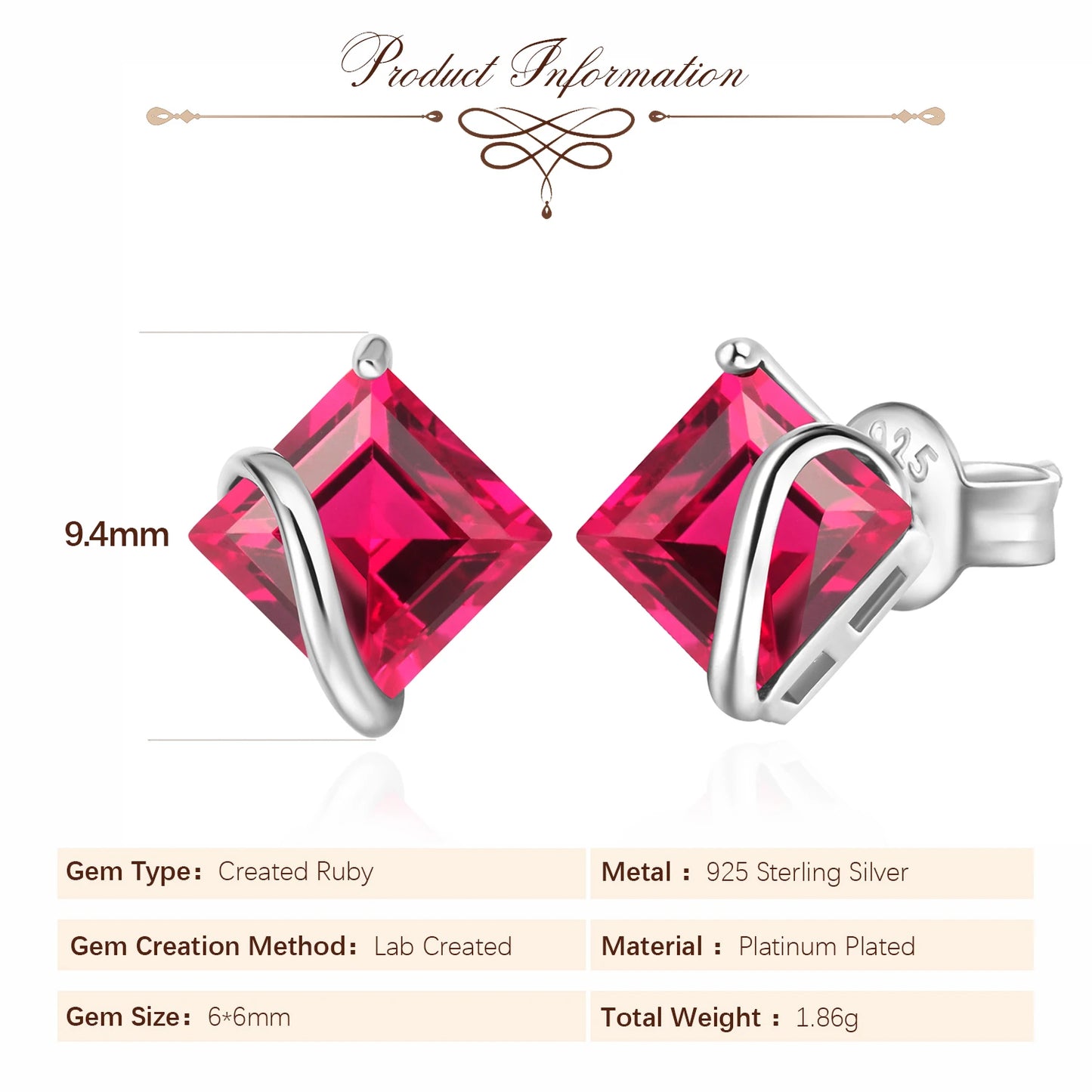 Red Ruby 925 Sterling Silver Stud Earrings